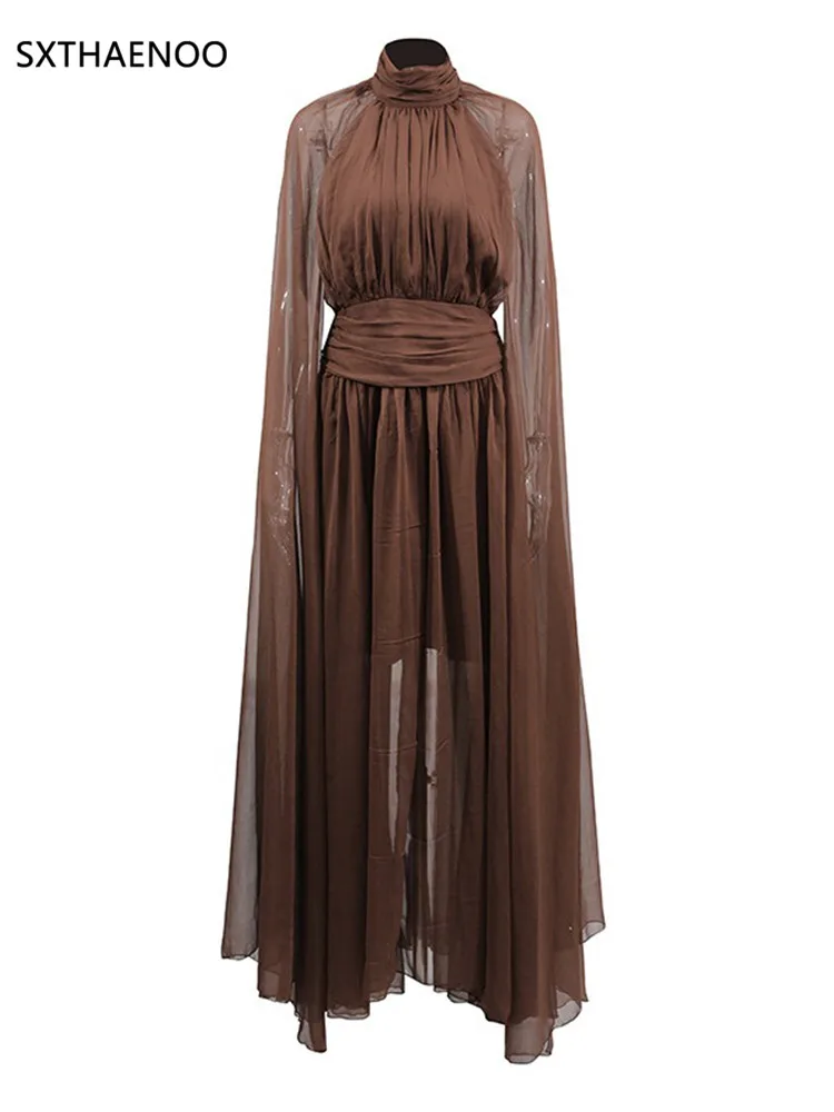 SXTHAENOO Solid Afslanken Gesplitste Plooien Temperament Jurken voor Vrouwen Hoge Hals Lange Mouwen Backless Sheer Jurk Vrouwelijke Nieuwe 2025