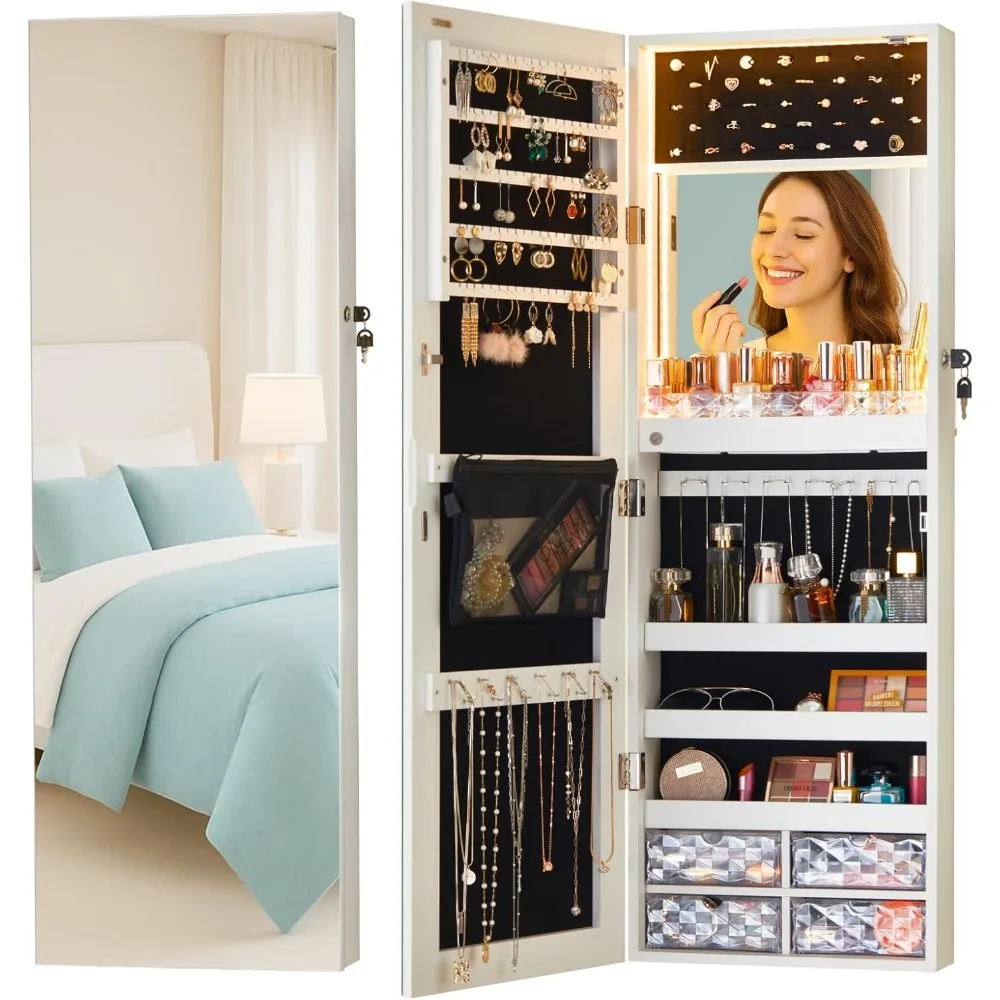 

LED Lights Mirror Jewelry Cabinet Wall Mounted or Door-Hanging, 42 Full Length Mirror with Storage, Built-in Makeup