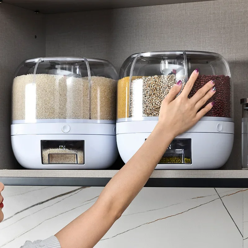 Rotating Rice Dispenser with Sealed Cover, Moisture-Proof, Kitchen Food Storage, 360 Degree