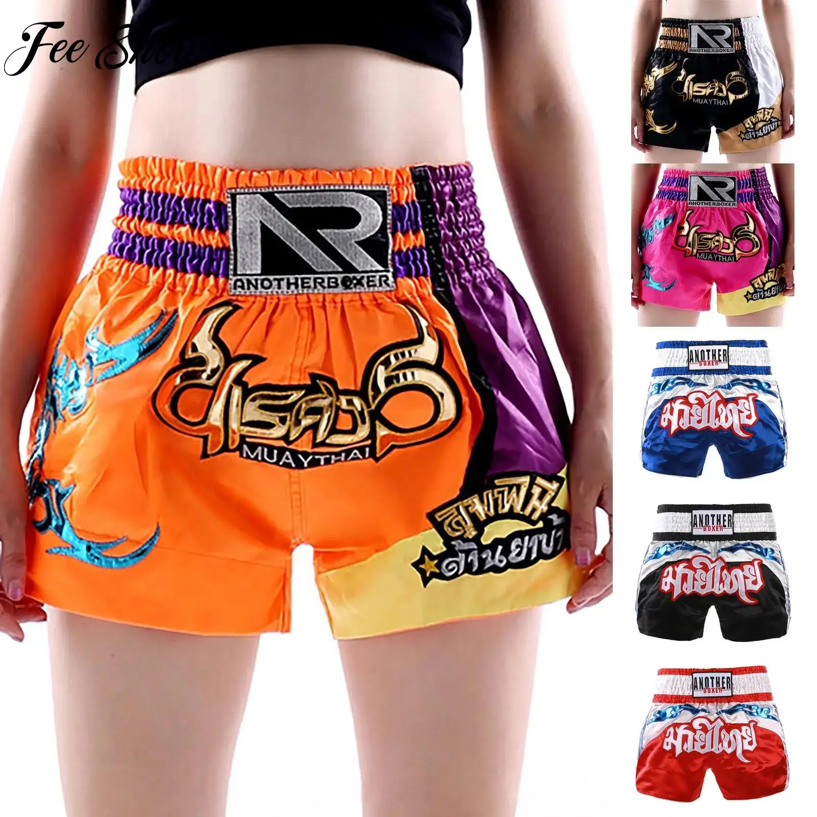 

Mens Muay Thai Shorts Embroidery Satin Boxing Shorts Stretchy Sides Slit Boxer Match Shorts MMA Clothes Fight Kickboxing Pants