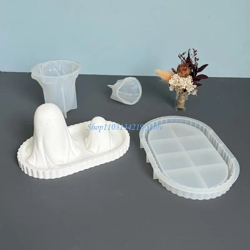 N5KC Silicones Halloween Ghostly Casting Mold Set, Large Ghostly Mold Small Ghostly Mold and Oval Tray Mold for Candle Making