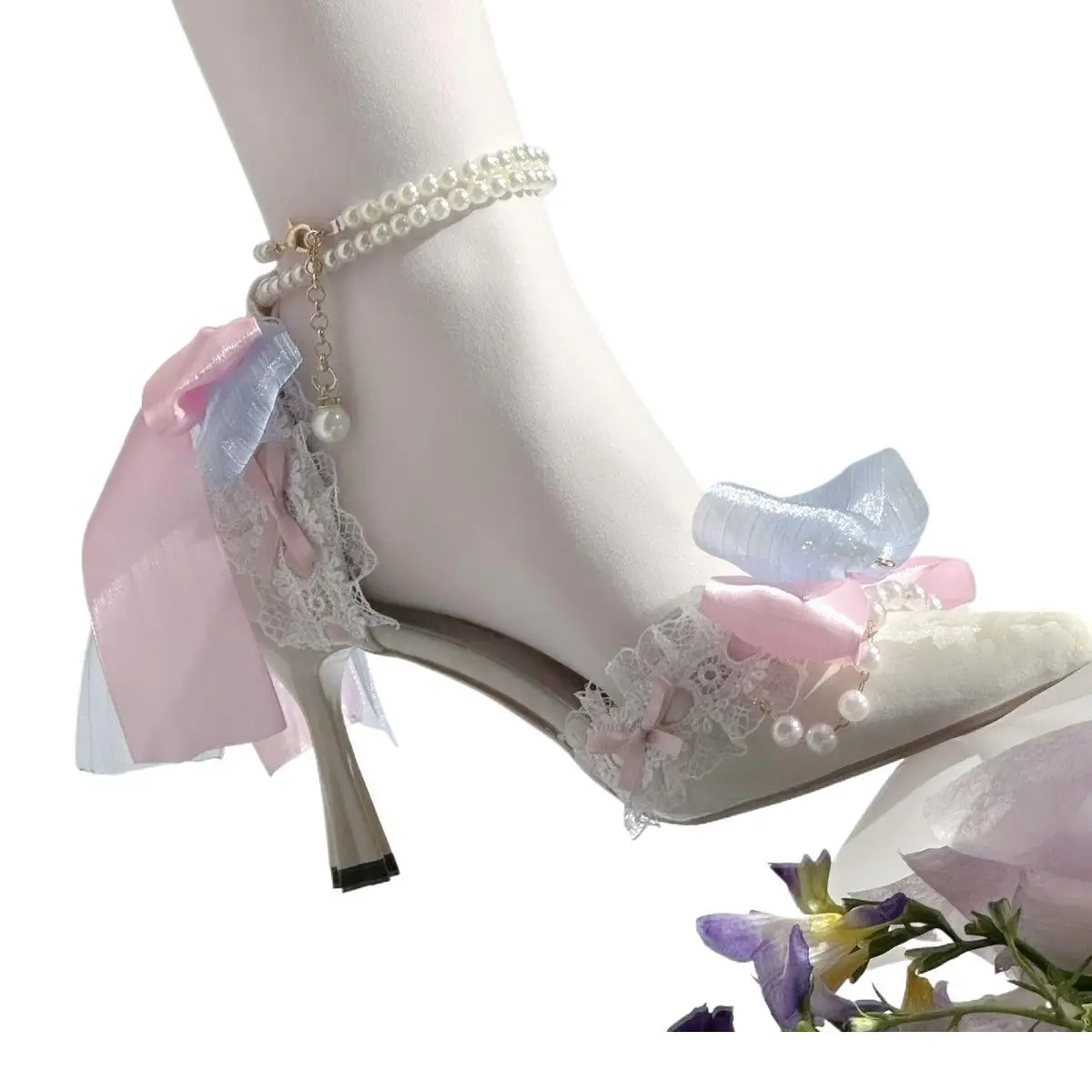 2025 New Flower Wedding Blue Pink Beige Bow Adult Ceremony Lolita French High Heel Shoes