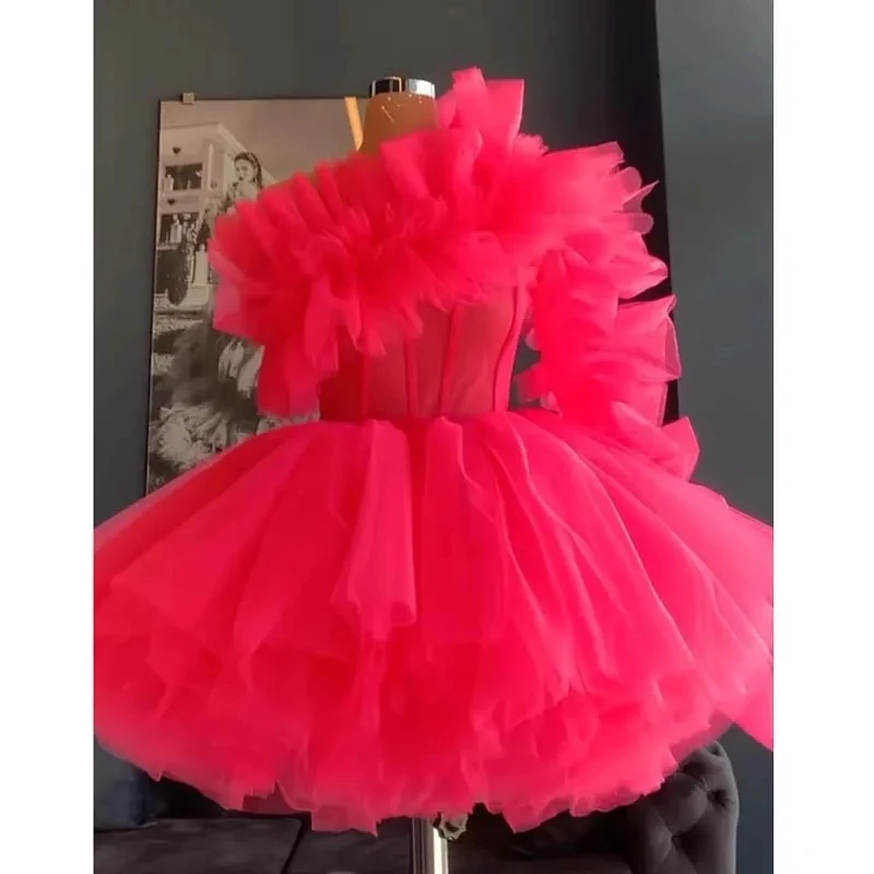 

Fluffy Pink Prom Gown Layered One Shoulder Mini Dress Prom Gown Sleeve Ruffle Short Above Knee Length Tutu Gowns Dresses Lace Up