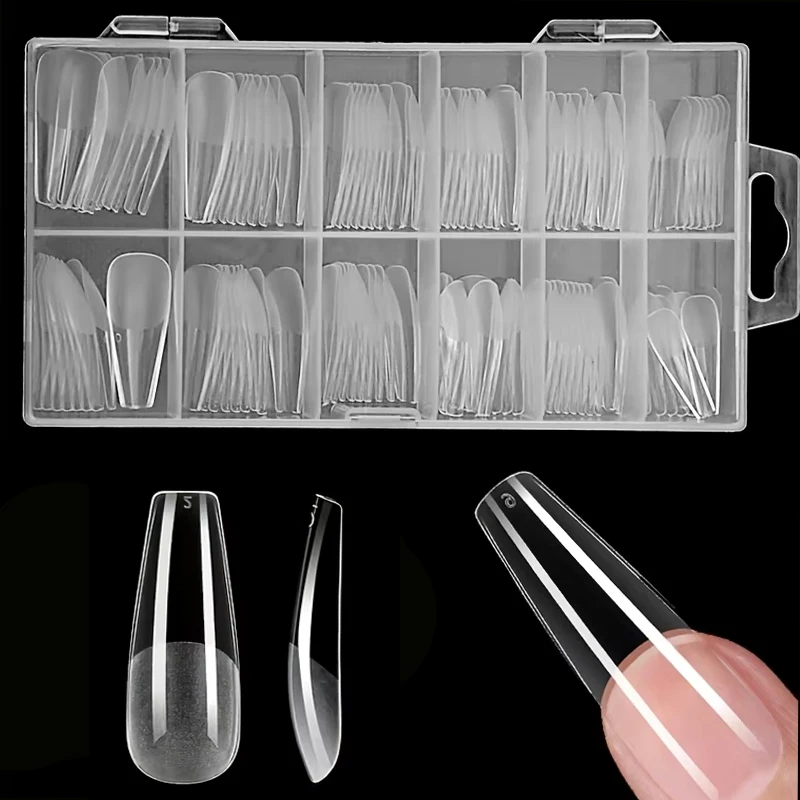 Set de 120 uñas postizas largas en forma de ataúd, color mate, transparentes, en 12 tallas