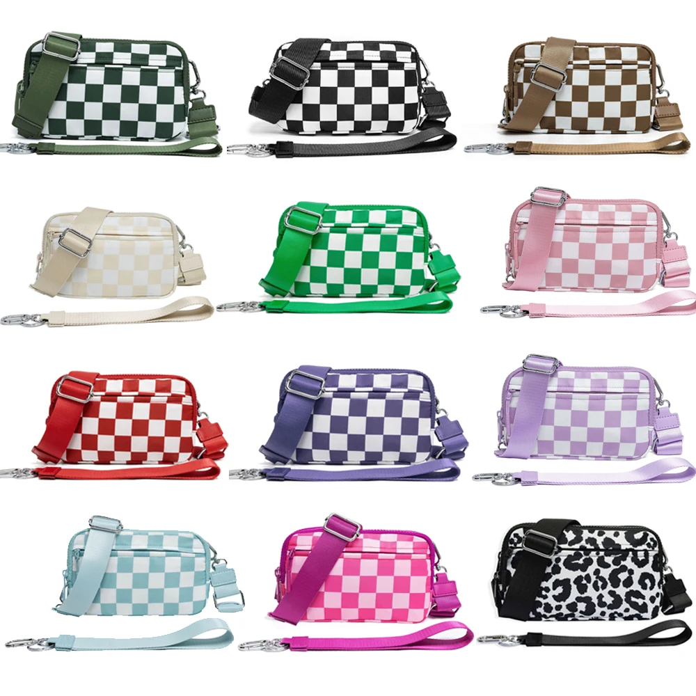 

New Nylon Checkered Plaid Waist Bags Purse Card Holder Removable Wristlet Strap Credit Card Waist Bags Portable Crossbody Bag