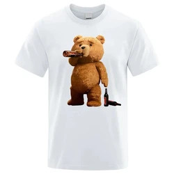 Lovely Ted Bear Drink Beer Poster Funny Printed T-Shirt Men Fashion Casual Short Sleeves Loose Oversize Tee Street Hip Hop Tops