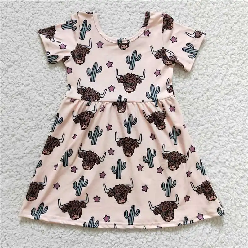 Kids Clothing Girls Summer Dress Children Boutique Wholesale Girls Alpine Cow Cactus Short Sleeve Dress