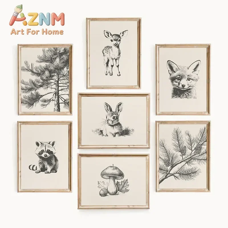 AZNM Frameless Canvas Wall Art Vintage Sketch Forest Animal Deer Fox Rabbit Raccoon Pine Mushroom Print Neutral Nursery Decor Po
