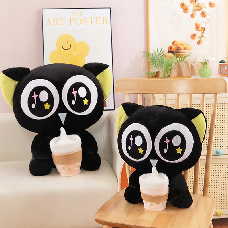 

Kawaii чашка чая с молоком Luo Xiaohei, плюшевая игрушка, милая мягкая кукла с большими глазами и котом для детей, подарок на день рождения, Рождество, оптовая продажа