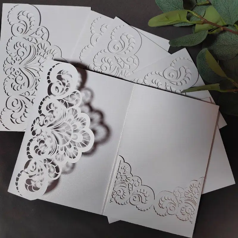 50pcs Laser Cut White Lace Sleeve Invitation Pocket for Wedding Baby Shower Birthday Sweet 16 Invites Personalized Invitation