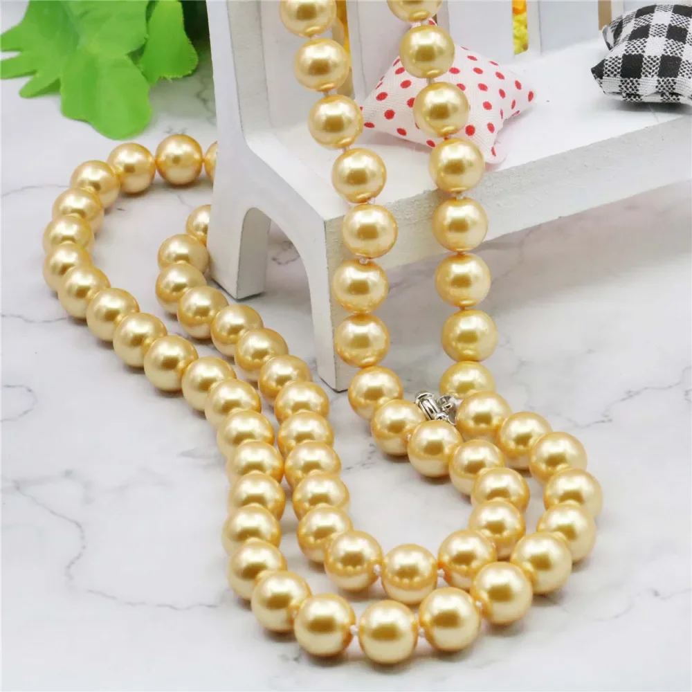 Natural Stone 8 10 12mm gold-color AAA south sea shell pearl necklace 36INCH beads Hand Made jewelry making Wholesale Price