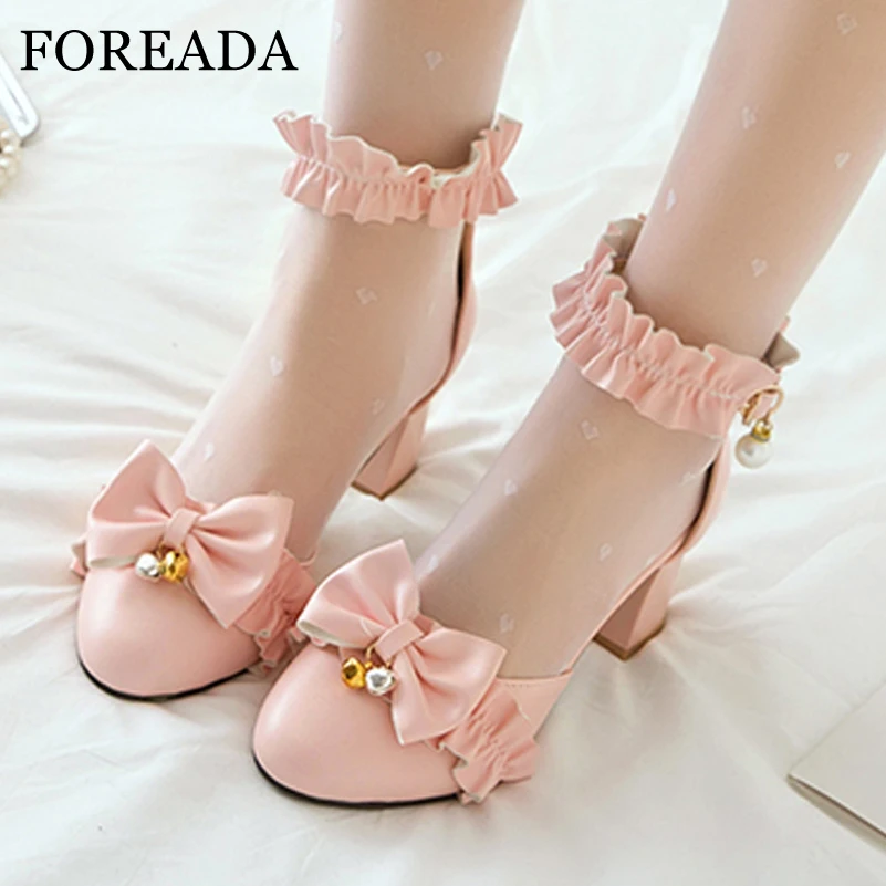 

FOREADA Ankle Strap Two-Piece Lolita Pump Round Toe Thick High Heel Kawaii Bow Buckle Ruffles Ladies Cosplay Shoes Spring Autumn