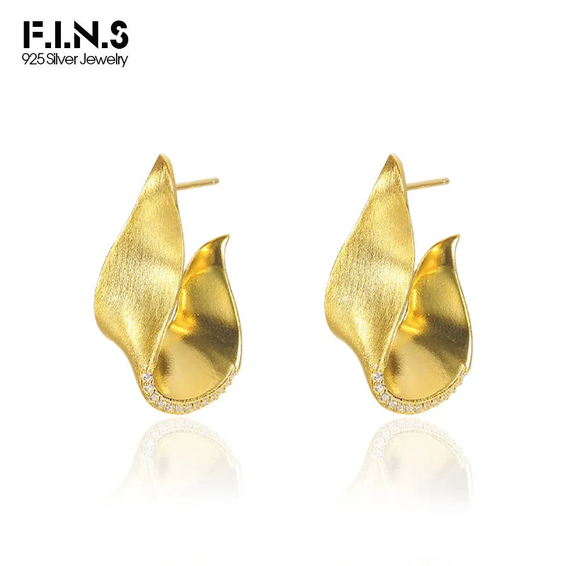 

F.I.N.S 925 Sterling Silver Gold Brushed Irregular Wide Stud Earrings Curved Zircon Piercing Ear Fine Jewelry Prevent Allergy