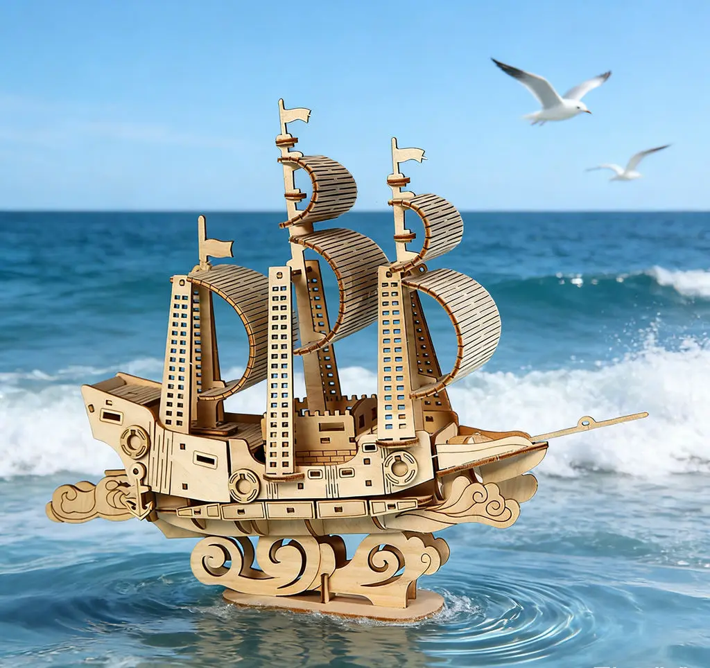

New Arrival 3D Wooden Pirate Ship Puzzle- DIY Handmade Ocean Sailboat Model, Educational Kids' Toy & Creative Desktop Decor Gift