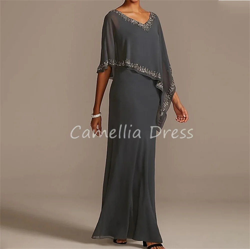 Elegante V-Neck Mãe do vestido da noiva, Meia manga Chiffon, A-Line com Beading, Vestidos Formais, Vestido masculino