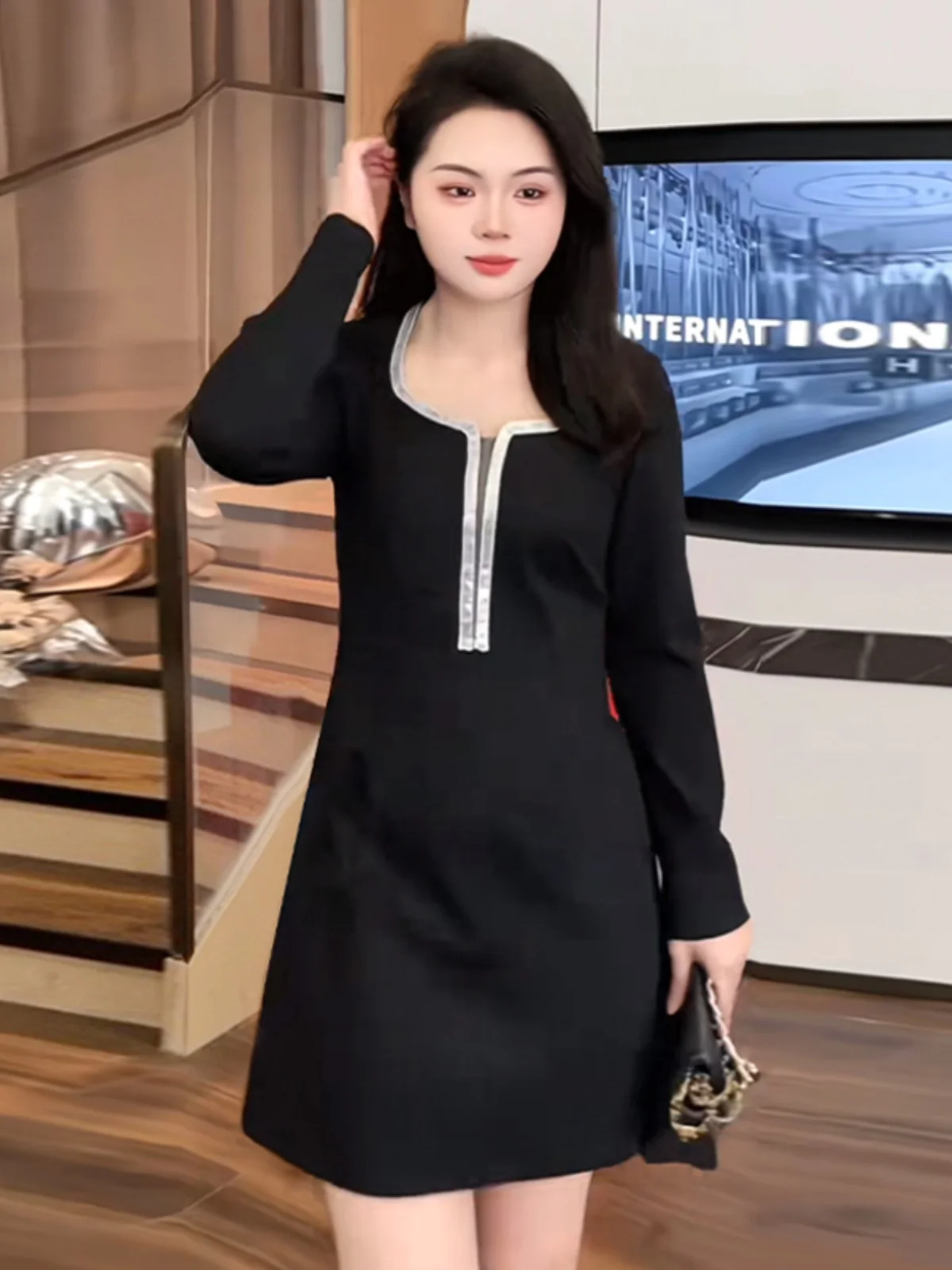 

Ele plus Size Bla Dr Slimming A-Line Silhouette Гелевое волокно с высокой талией Long Sve ort Length Commute Sle Dr