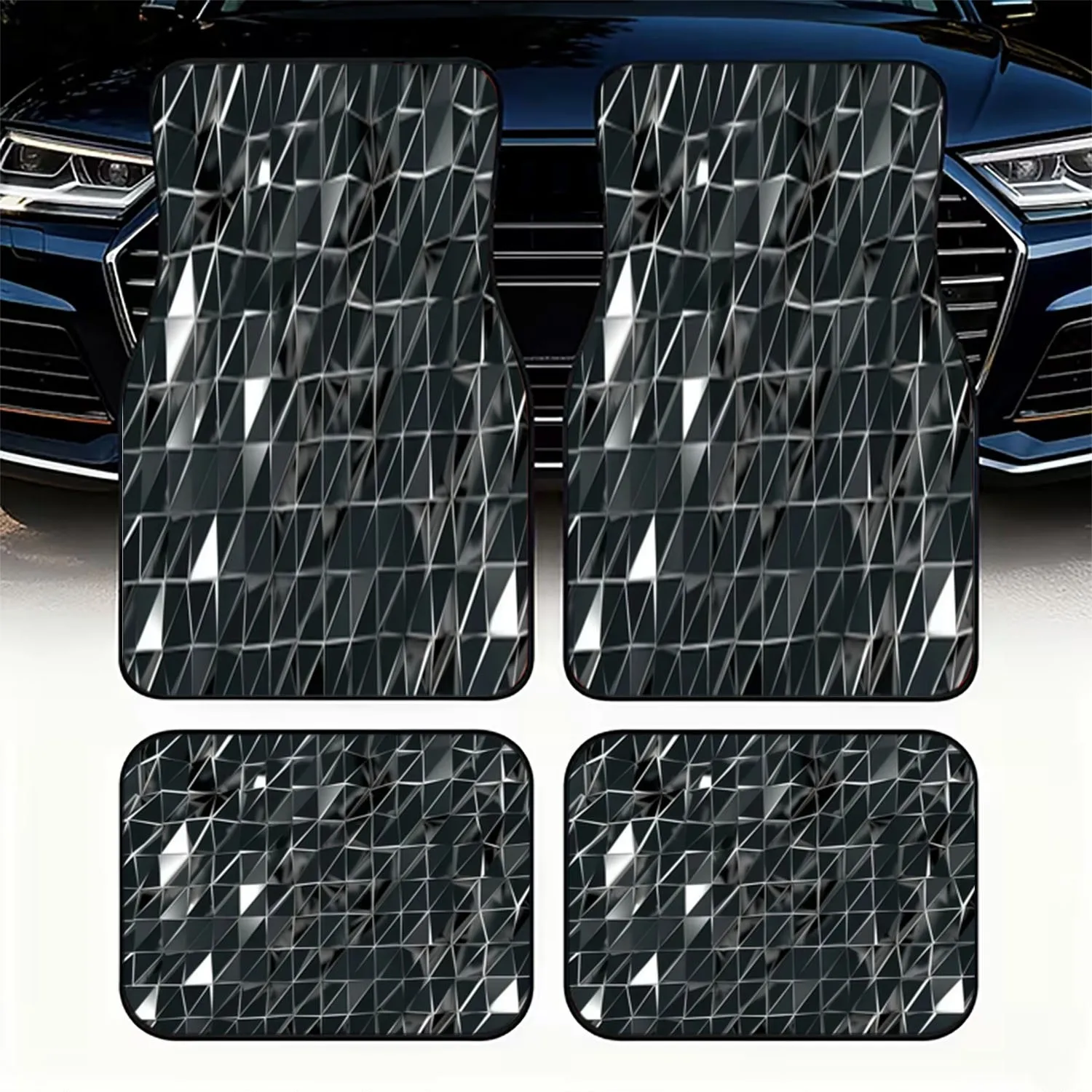 4pcs Car Floor Mats | Black & White Geometric Pattern, Polyester Material, Modern Abstract Design, Glossy Finish, Stylish & Dura