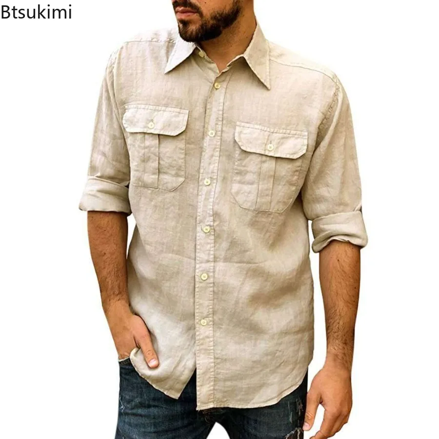 Men's Cotton Linen Shirts Spring Summer Long Sleeve Solid Casual Tops Lapel Double Pocket Design Classic Shirts for Men Clothing