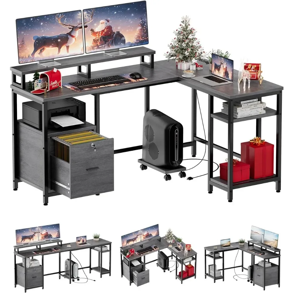 

L Shaped Computer Desk, 67" Reversible Gaming Desk with Power Outlet, File Drawer, 2 Monitor Stands & Adjustable Storage Shelf,