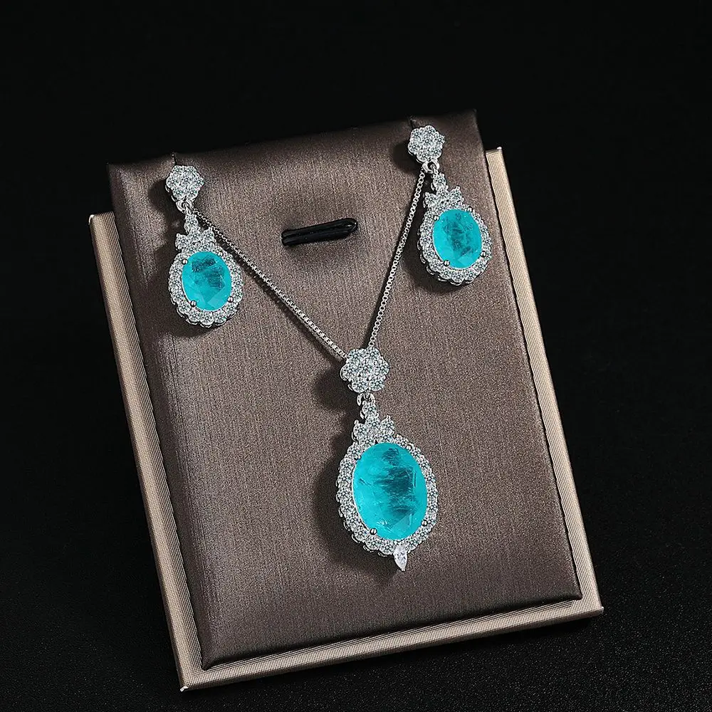 Halskette-Ohrringe-Set aus 925er-Sterlingsilber, modischer blauer Zirkon, voller Diamant, Geburtstag, Jahrestag, Party, Geschenk