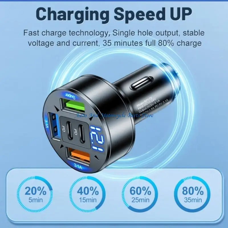P9FD Digital Display Car Chargers 5 Ports For Smartphones Tablets Input 12 24V Output