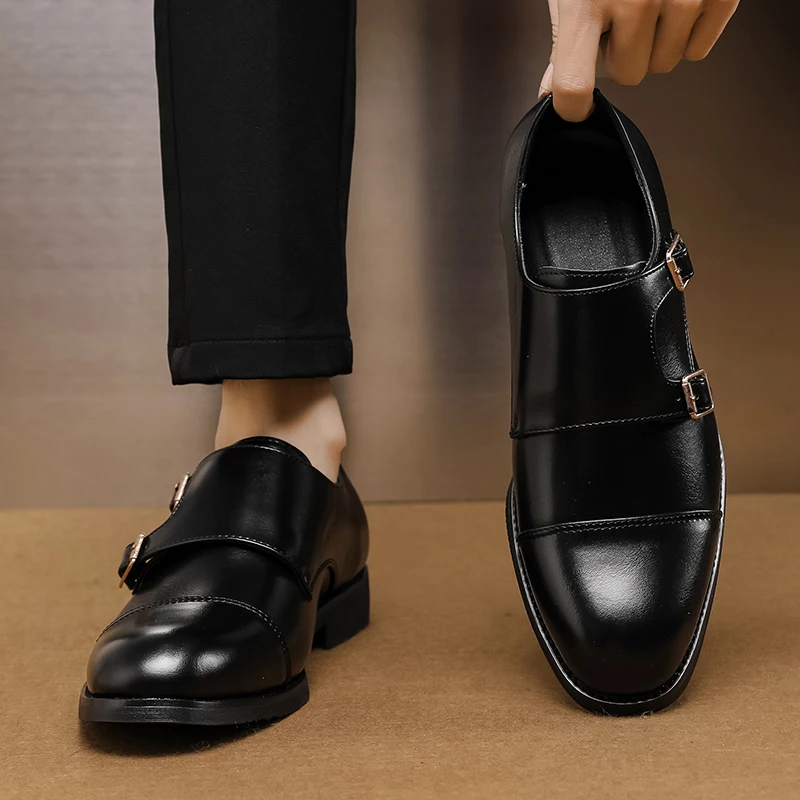 Fashion Brand New Designer British Monk Strap Leather Shoes Flat for Men Low Cut Dress Formal Wedding Prom Oxford Zapatos Hombre