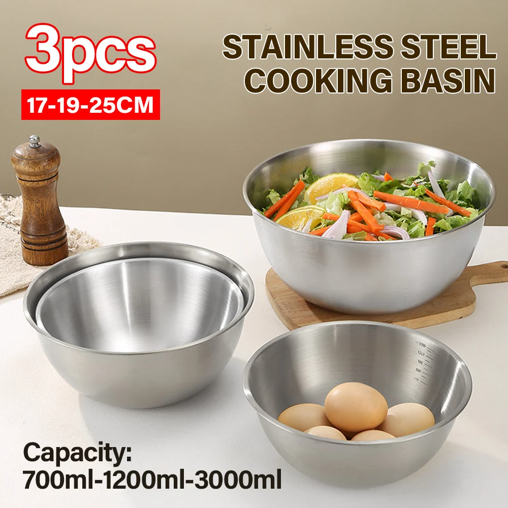 3Pcs/set Cooking Bowl With Scale Stainless Steel Mixing Bowl Kitchen Baking Prepping Salad Whisk Bowl 700ml+1300ml+3000ml