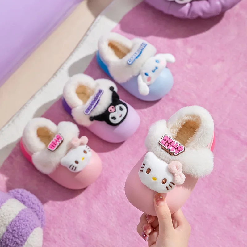 Cartoon Slippers Sweet Family Winter Warm Cute Kawaii Kuromi My Melody Hello Kitty Soft Sole Home Floor Shoes For Girls Size 14-