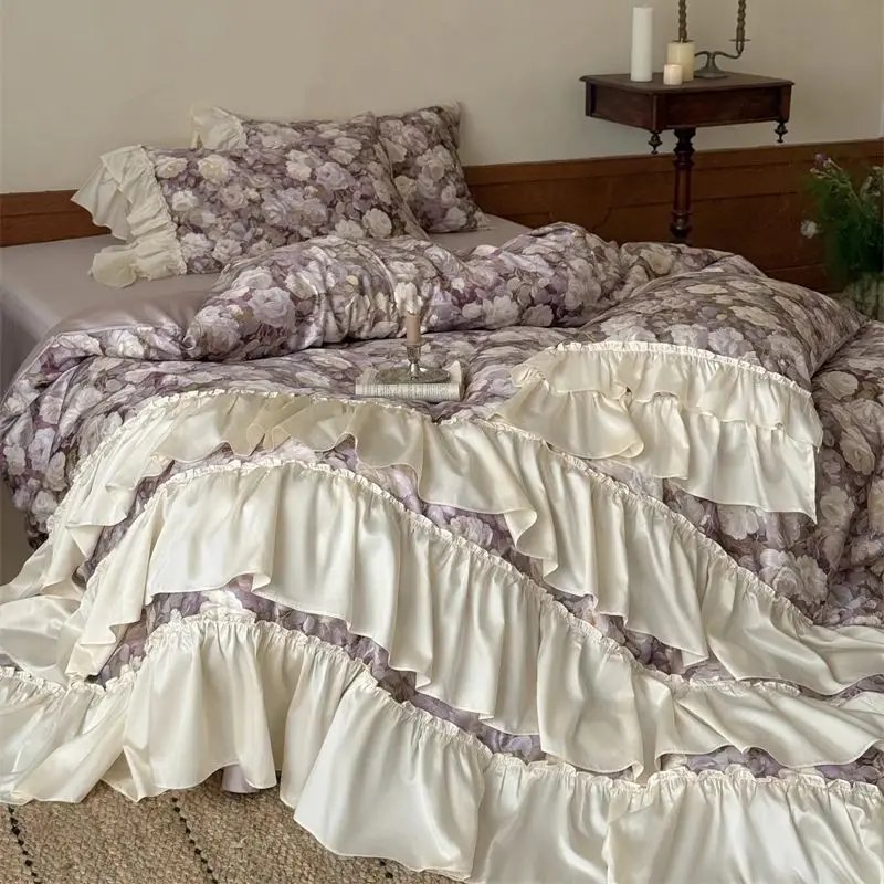 1000TC Egyptian Cotton Floral Print Three-layer Ruffles Princess Bedding Set Duvet Cover Flat/Fitted Bed Sheet Pillowcases 4Pcs