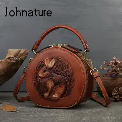 Johnature 2024 New Rabbit borsa in rilievo borsa da donna retrò in vera pelle Versatile borse a tracolla fatte a mano in vera pelle bovina