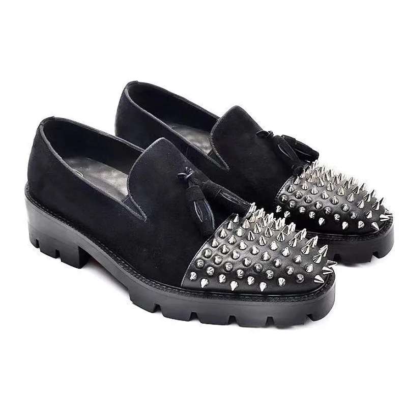 

Punk Style Rivet Studded Thick Platform Loafers Men Slip On Casual Shoes Genuine Leather Spliced Cow Suede Tassel Dress Shoes