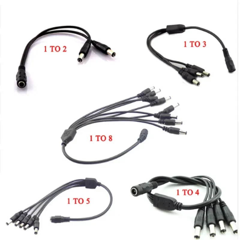 DC Power Splitter Plug para CCTV, cabo de alimentação, câmera Acessórios, Adaptador de Alimentação, 2.1*5.5mm, 1 Feminino para 2 3 4 5 6 8 Masculino, CCTV Cabo, 12V