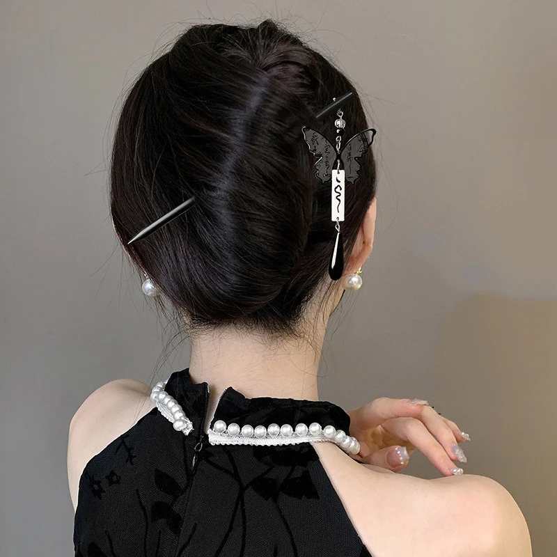 1pc 중국 고대 스타일 잉크 그림 나무 머리핀 하이 엔드 Tassels 편리한 빠른 머리핀 배열 Hanfu Qipao Headwear