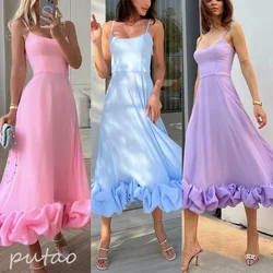 Putao Prom Dresses Fashion Square Empire Summer Party Dress lunghezza del tè senza maniche in Chiffon increspato abiti da sera formali muslimnac