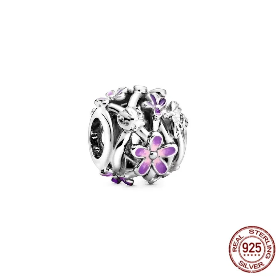 Breloques Pandora originales en argent regardé 925 pour femme, rose, violet, bleu, détruire AndrFlower, perles pour bracelet, mode, bijoux à bricoler soi-même, cadeau