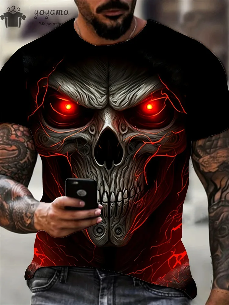 Camiseta com estampa 3D Horror Skull masculina, Decote O, Manga curta, Camisetas extragrandes, Roupa de rua, Moda vintage, Verão