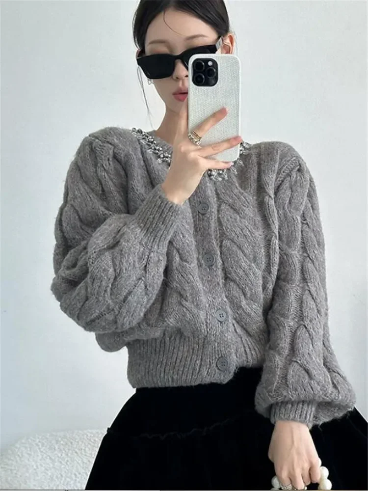 Celebrity Girl Fashion Glitter Rhinestone Grey Sweater Elegant Design O Neck Knit Cardigan New Fall Long Sleeve Short Top Jumper