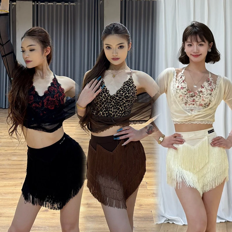

New Women Latin Dance Wear Salsa Tango Practice Clothes Adult Tassels Skirt Set Stage Performance Training Clothes 3 PCS VBH1586
