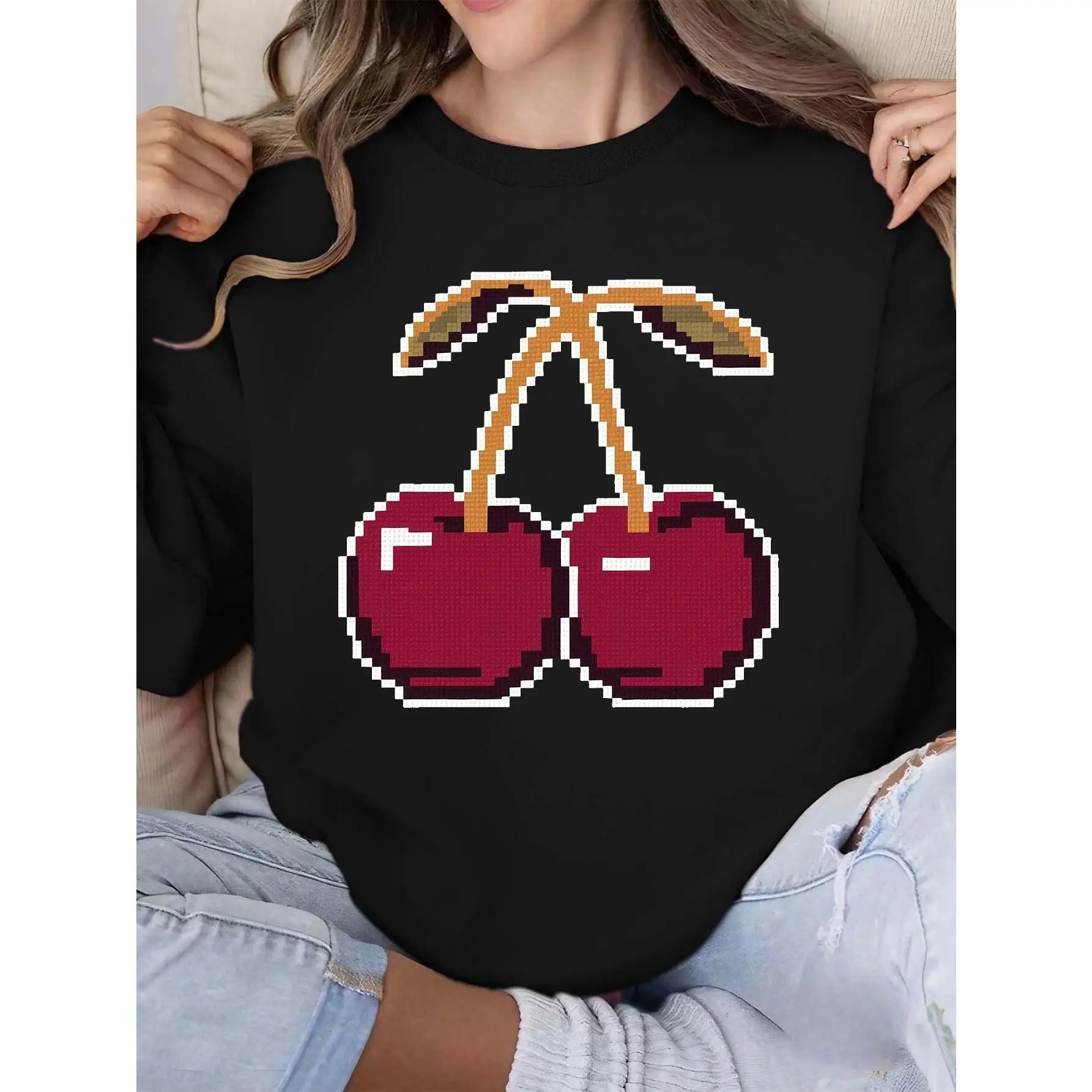 

Women's Pixel Cherry Sweatshirt Retro Graphic Pullover Funny Aesthetic Video Game Top Y2K Fruit Lover Gift