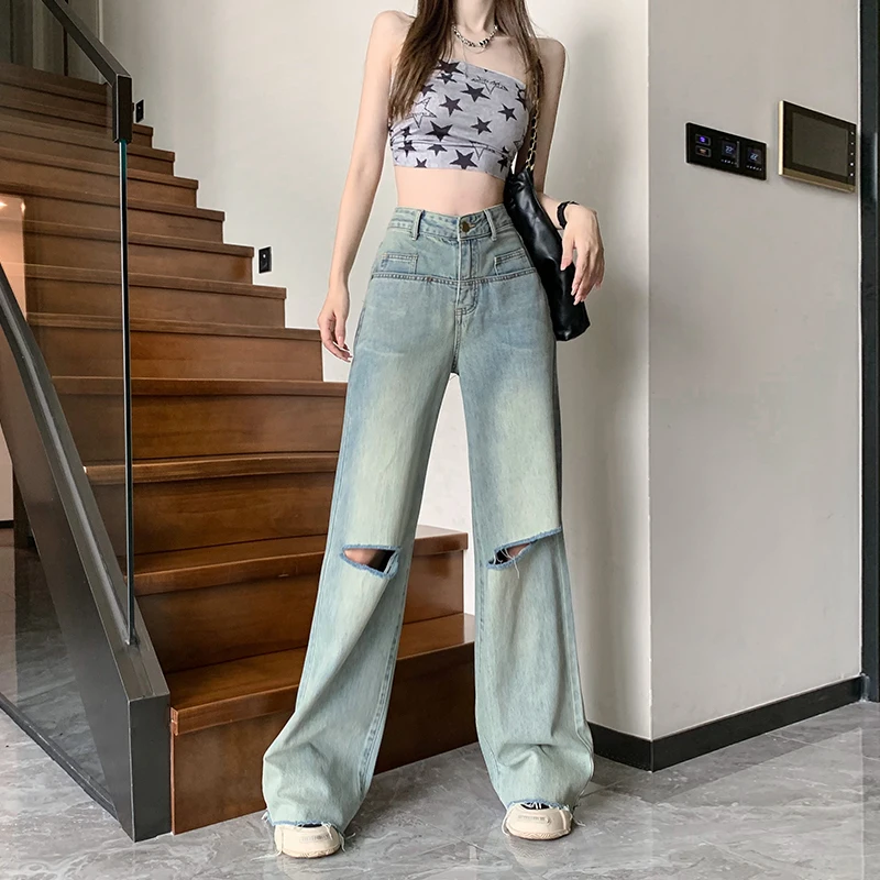 

High Waist Straight Women's Ripped Jeans Women New Blue Denim Trousers Fashion Streetwear Wide Leg Baggy Pants Casual 2023