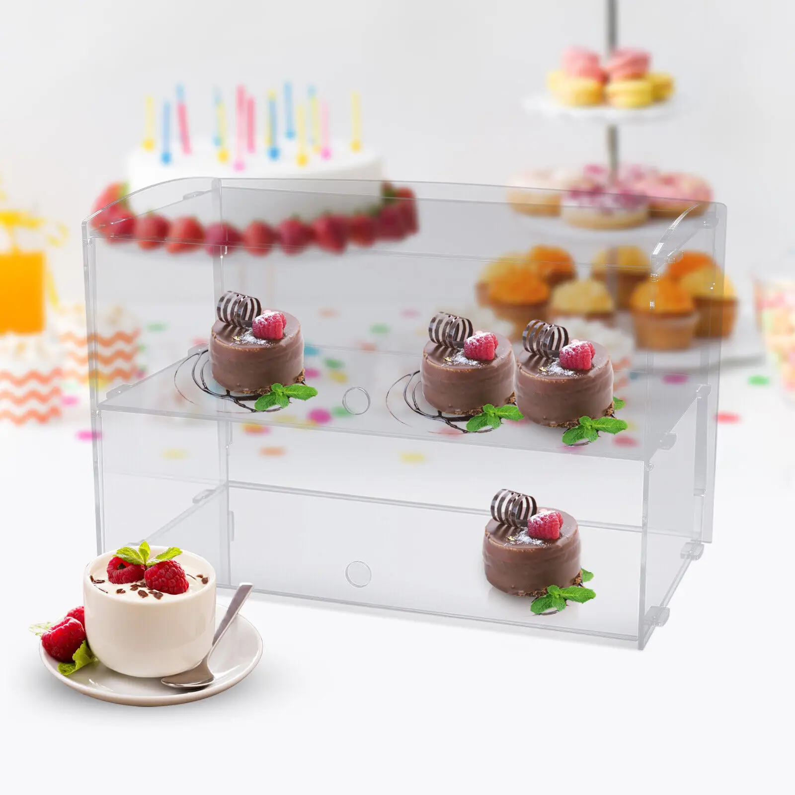 

Commercial Pastry Muffins Food Showcase 2 Tier Countertop Bakery Display Case Acrylic Clear Dessert Storage Shelf with Door