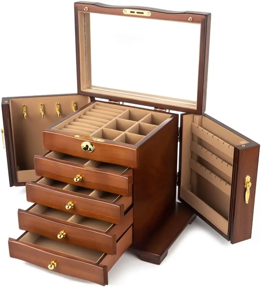 

Wooden Jewelry Box , Solid Wood Organizer with Combo Lock for Jewelries, Necklaces, Rings, Vintage Style Storage Box with Mirror