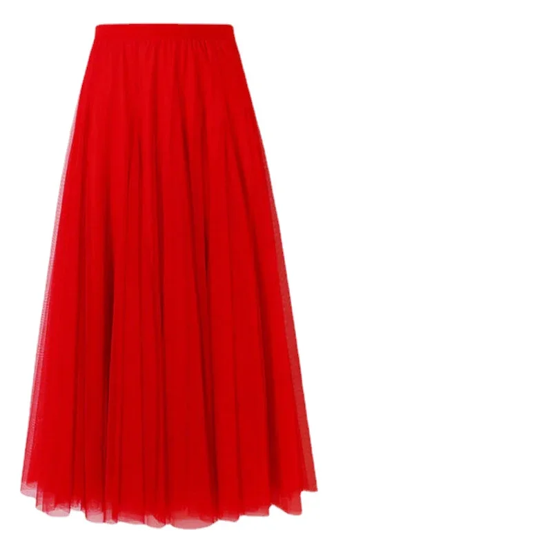 Pleated Skirt Mesh Gauze Mid-length Large Swing Dance Long Skirts for Women Solid Color Breathable and Comfortable Polyester