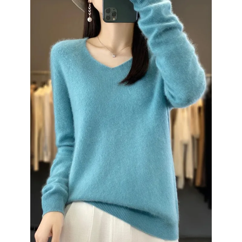 

Fashion100% Merino Wool Sweater Cashmere Pullover Women Knitwear V-Neck Long Sleeve Autumn Winter Fashion Basic Clothing Tops