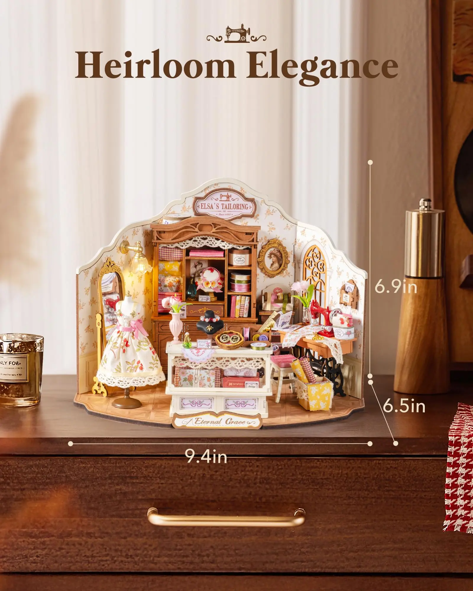 Robotime Elsa's Tailoring Shop DIY Miniature House Victorian Style Craft Studio Kit with Detailed Interior Decor for Adult Teen