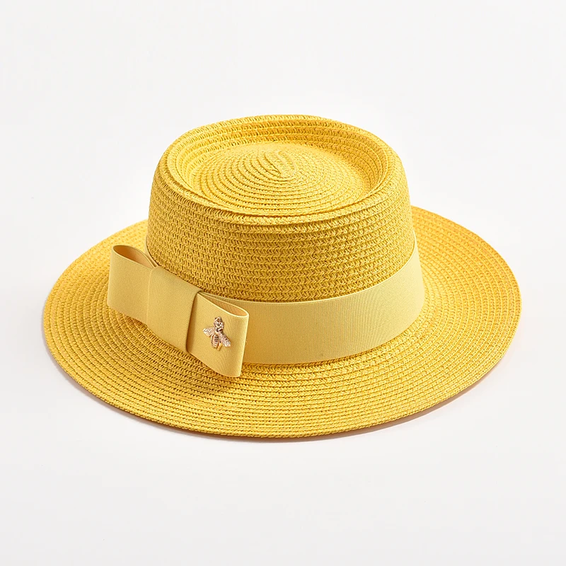 Frühling-Sommer-Strohhüte für Damen, runde, gewölbte Oberfläche, flache Kappe, Schleifenmuster, Kleidermütze, Reise- und Strandhut, Sonnenhut, Gorra – Detail 11