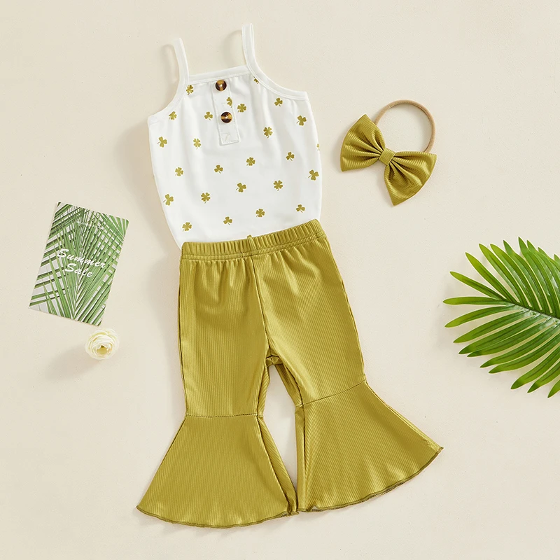 

St Patrick s Day Toddler Girl Green Clover Print Romper Flare Pants Headband 3-Piece Outfit Set for Irish Festival