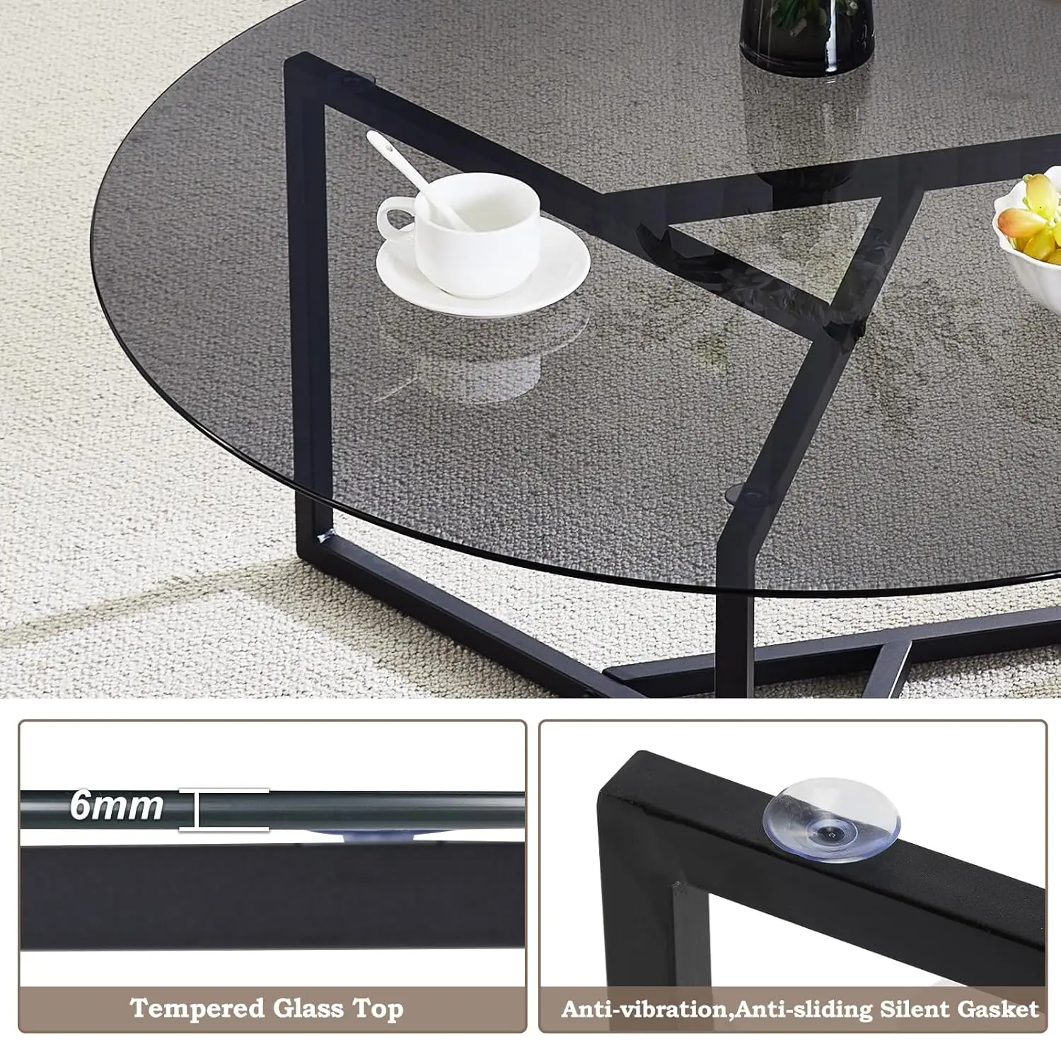 โต๊ะกาแฟกระจกนิรภัยทรงกลม โต๊ะตกแต่งบ้านสไตล์โมเดิร์นพร้อมโครงโลหะ โต๊ะกลางสไตล์มินิมอลสำหรับห้องนั่งเล่น เตียง