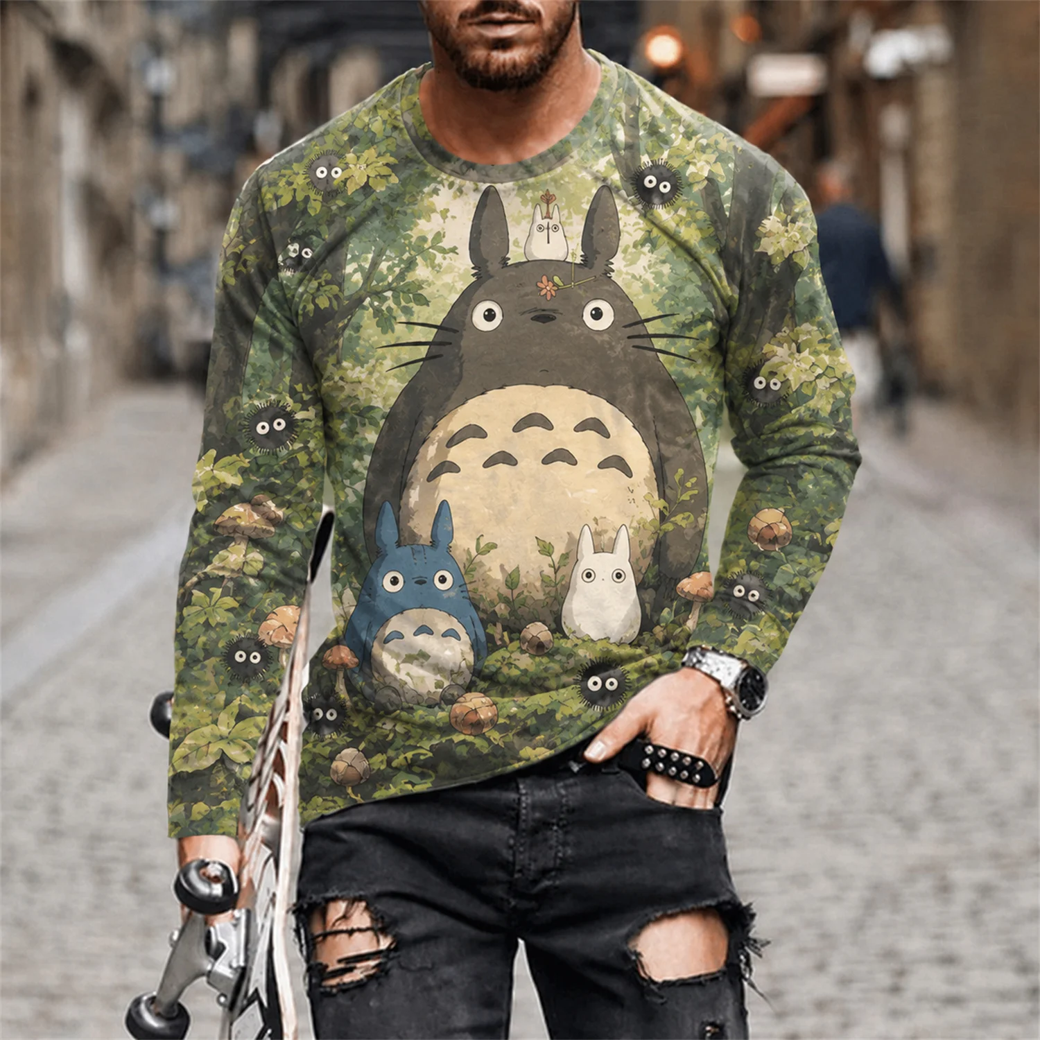 2026 Totoro Soot Sprite Forest All-Over-Print Langarm-T-Shirt, Anime-Kleidung für Männer und Frauen, Alltags- und Freizeitoutfit für die Straße – Detail 7