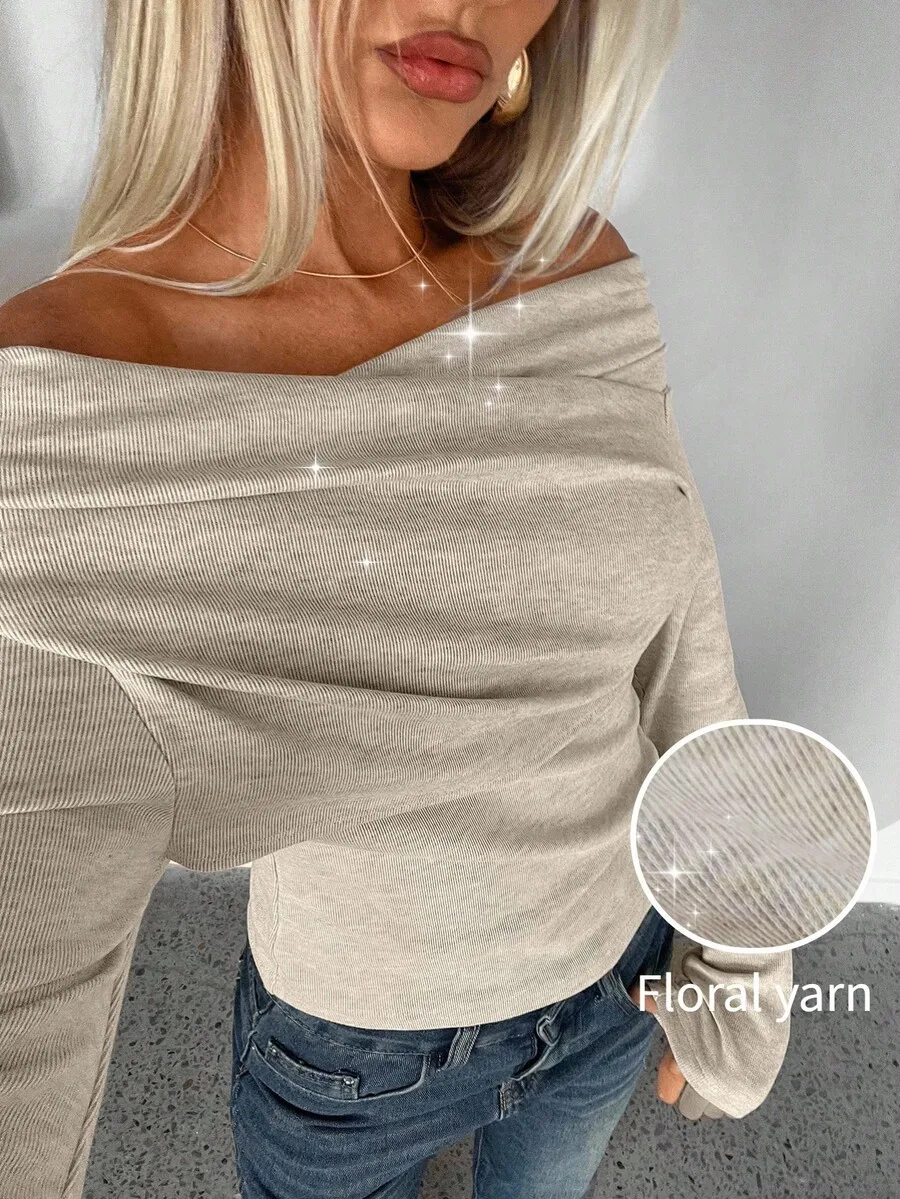 

Off-Shoulder Ribbed Knit Top in Beige, Long Sleeve, Casual Boho Style for Autumn